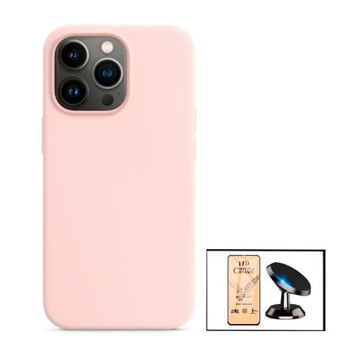 Kit Film De Verre Trempé Ceramicglass Full Cover + Coque Silicone Liquide + Support Magnétique De Voiture Pour Iphone 13 - Rose