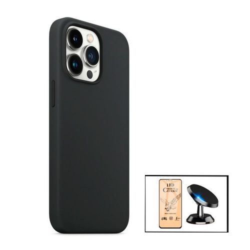 Kit Film De Verre Trempé Ceramicglass Full Cover + Coque Silicone Liquide + Support Magnétique De Voiture Pour Iphone 13