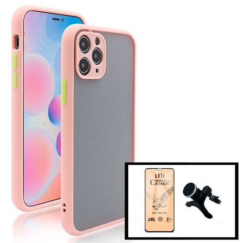 Kit Coque Antichoc Avec Caméra Protection + Film De Verre Trempé Ceramicglass Full Cover + Support Magnétique Renforcé De Voiture Pour Iphone 13 Pro - Rose