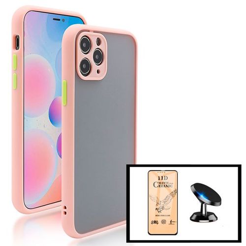 Kit Coque Antichoc Avec Caméra Protection + Film De Verre Trempé Ceramicglass Full Cover + Support Magnétique De Voiture Pour Iphone 13 Pro - Rose