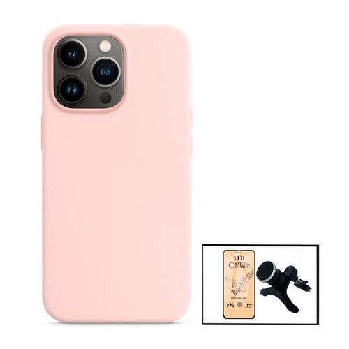 Kit Film De Verre Trempé Ceramicglass Full Cover + Coque Silicone Liquide + Support Magnétique De Voiture Renforcé Pour Iphone 13 - Rose