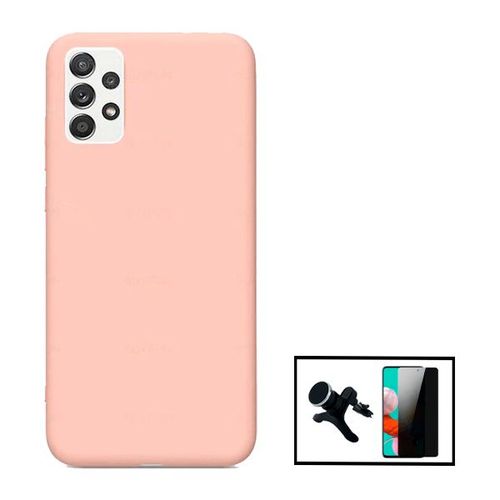 Kit Film Verre Trempé Anti-Spy + Coque Silicone Liquide + Support Magnétique Renforcé De Voiture Pour Samsung Galaxy A52 5g - Rose