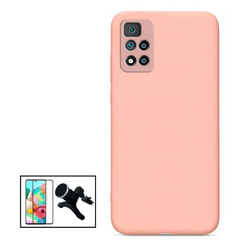 Kit Film De Verre Trempé 5d Full Cover + Coque Silicone Liquide + Support Magnétique De Voiture Renforcé Pour Xiaomi Poco X4 Pro 5g - Rose