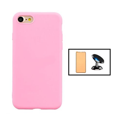 Kit Film De Verre Trempé Ceramicglass Full Cover + Coque Silicone Liquide + Support Magnétique De Voiture Pour Iphone Se 2022 - Rose