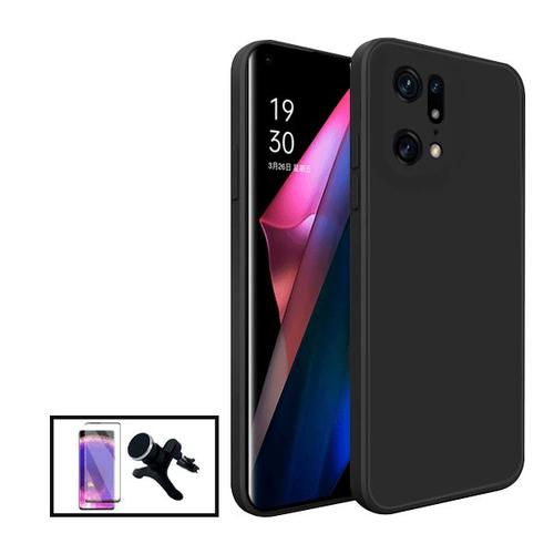 Kit Film Verre Trempé Curved + Coque Silicone Liquide + Support Magnétique De Voiture Renforcé Pour Oppo Find X5 - Noir