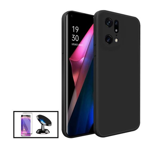 Kit Film Verre Trempé Curved + Coque Silicone Liquide + Support Magnétique De Voiture Pour Oppo Find X5 - Noir