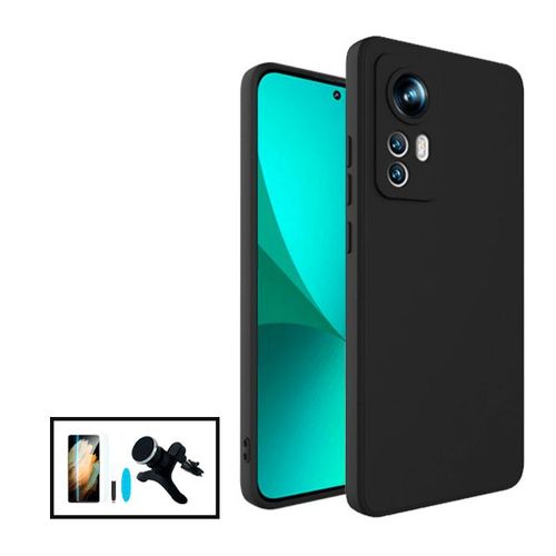 Kit Film Verre Trempé Nano Curved Uv + Coque Silicone Liquide + Support Magnétique De Voiture Renforcé Pour Xiaomi 12 Pro - Noir