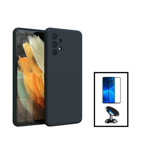 Kit Film Verre Trempé 5d Full Cover + Coque Silicone Liquide + Support Magnétique De Voiture Pour Samsung Galaxy A13 - Noir