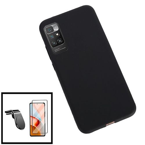 Kit Film Verre Trempé 5d Full Cover + Coque Silicone Liquide + Support Magnétique L Safe Driving Voiture Pour Xiaomi Redmi 10 Prime 2022 - Noir