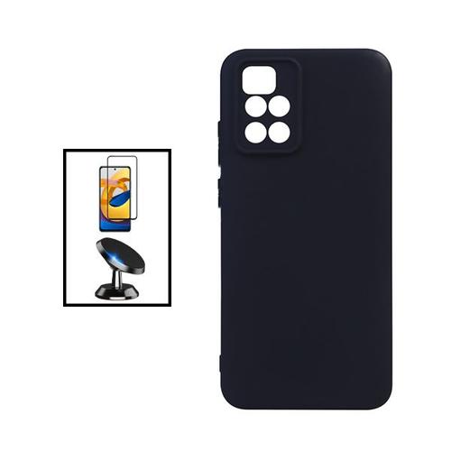 Kit Film Verre Trempé 5d Full Cover + Coque Silicone Liquide + Support Magnétique De Voiture Pour Xiaomi Redmi 10 Prime 2022 - Noir
