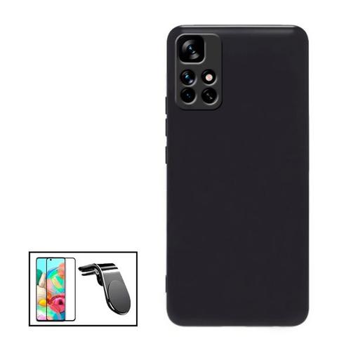 Kit Film Verre Trempé 5d Full Cover + Coque Silicone Liquide + Support Magnétique L Safe Driving Voiture Pour Xiaomi Redmi 10 Prime 2022 - Noir