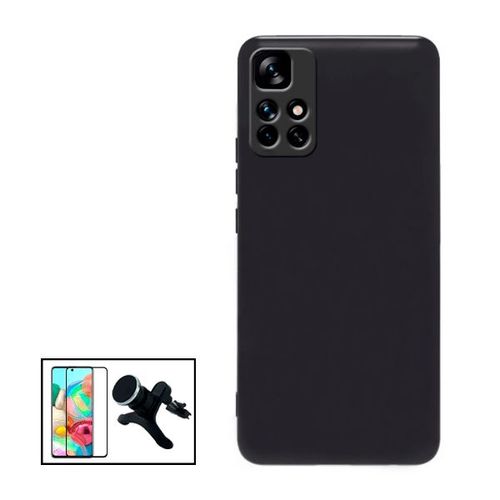 Kit Film Verre Trempé 5d Full Cover + Coque Silicone Liquide + Support Magnétique De Voiture Renforcé Pour Xiaomi Redmi 10 Prime 2022 - Noir