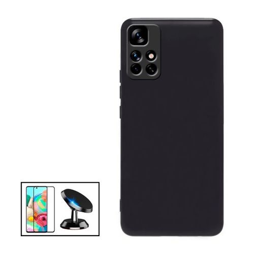 Kit Film Verre Trempé 5d Full Cover + Coque Silicone Liquide + Support Magnétique De Voiture Pour Xiaomi Redmi 10 Prime 2022 - Noir