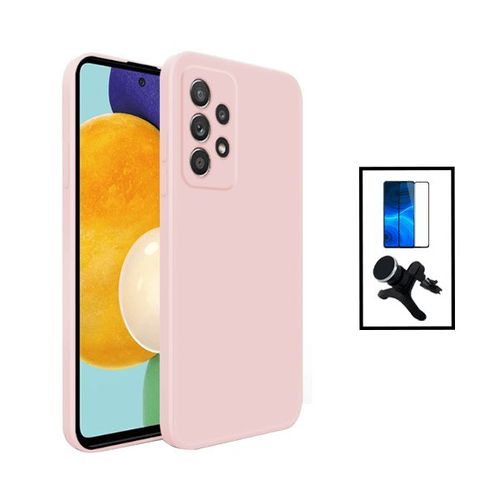 Kit Film Verre Trempé 5d Full Cover + Coque Silicone Liquide + Support Magnétique De Voiture Renforcé Pour Samsung Galaxy A23 - Rose