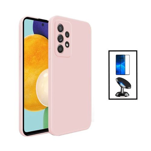 Kit Film Verre Trempé 5d Full Cover + Coque Silicone Liquide + Support Magnétique De Voiture Pour Samsung Galaxy A23 - Rose