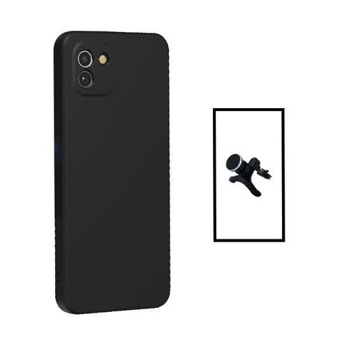 Kit Support Magnétique Renforcé De Voiture + Coque Silicone Liquide Pour Samsung Galaxy A03 - Noir