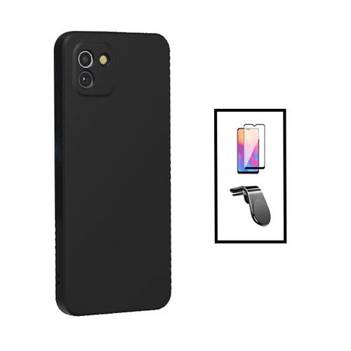 Kit Film Verre Trempé 5d Full Cover + Coque Silicone Liquide + Support Magnétique L Safe Driving Voiture Pour Samsung Galaxy A03 - Noir