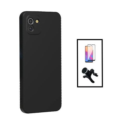 Kit Film Verre Trempé 5d Full Cover + Coque Silicone Liquide + Support Magnétique De Voiture Renforcé Pour Samsung Galaxy A03 - Noir