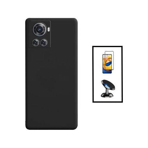 Kit Film Verre Trempé 5d Full Cover + Coque Silicone Liquide + Support Magnétique De Voiture Pour Oneplus Ace - Noir