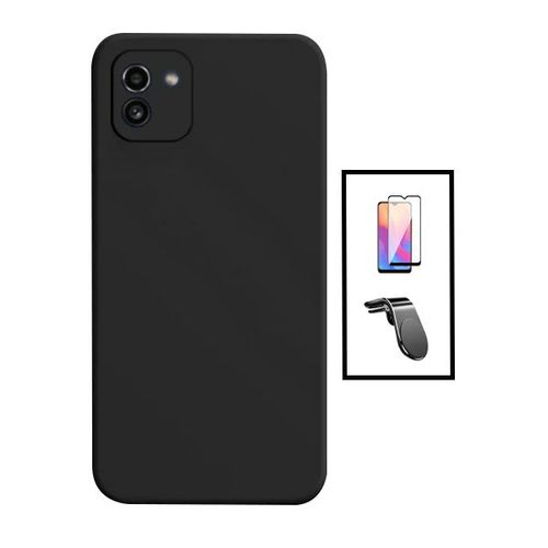 Kit Film Verre Trempé 5d Full Cover + Coque Silicone Liquide + Support Magnétique L Safe Driving Voiture Pour Samsung Galaxy A03 4g - Noir