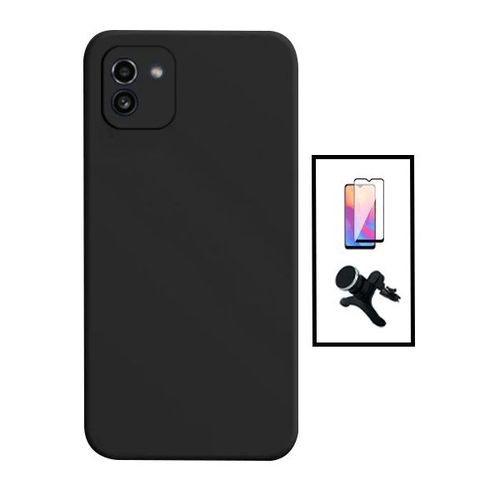 Kit Film Verre Trempé 5d Full Cover + Coque Silicone Liquide + Support Magnétique De Voiture Renforcé Pour Samsung Galaxy A03 4g - Noir