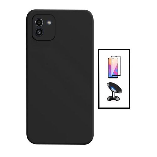 Kit Film Verre Trempé 5d Full Cover + Coque Silicone Liquide + Support Magnétique De Voiture Pour Samsung Galaxy A03 4g - Noir