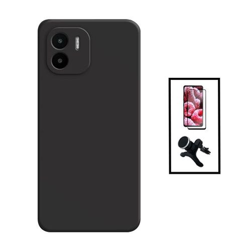 Kit Film Verre Trempé 5d Full Cover + Coque Silicone Liquide + Support Magnétique De Voiture Renforcé Pour Xiaomi Redmi A1 - Noir