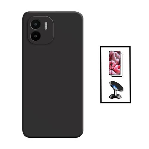 Kit Film Verre Trempé 5d Full Cover + Coque Silicone Liquide + Support Magnétique De Voiture Pour Xiaomi Redmi A1 - Noir