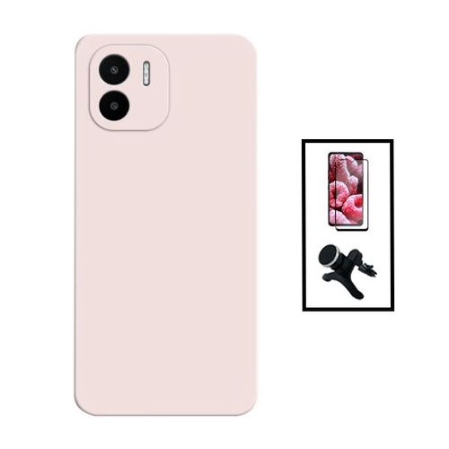 Kit Film Verre Trempé 5d Full Cover + Coque Silicone Liquide + Support Magnétique De Voiture Renforcé Pour Xiaomi Redmi A1 - Rose