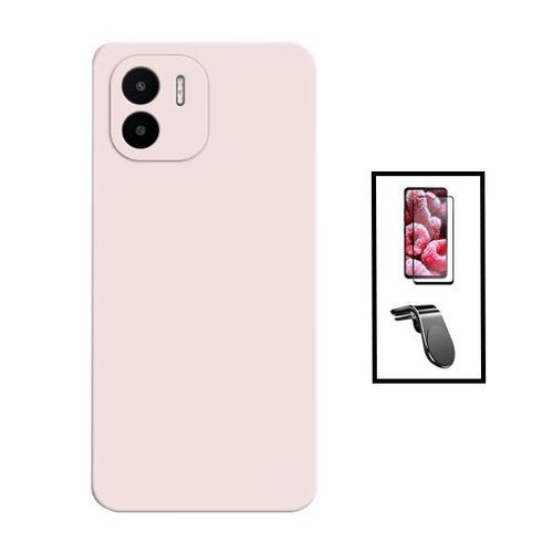Kit Film Verre Trempé 5d Full Cover + Coque Silicone Liquide + Support Magnétique L Safe Driving Voiture Pour Xiaomi Redmi A1 - Rose