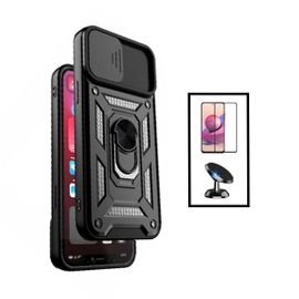 Kit Film Verre Trempé 5d Full Cover + Coque Magnetic Military Defender Slide Window Anti-Impact + Support Magnétique De Voiture Pour Xiaomi Mi 11 Lite - Noir
