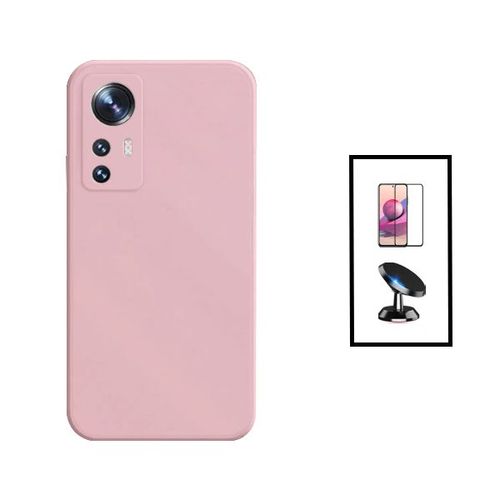 Kit Film Verre Trempé 5d Full Cover + Coque Silicone Liquide + Support Magnétique De Voiture Pour Xiaomi 12t - Rose