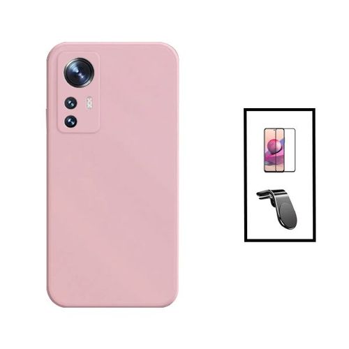 Kit Film Verre Trempé 5d Full Cover + Coque Silicone Liquide + Support Magnétique L Safe Driving Voiture Pour Xiaomi 12t - Rose