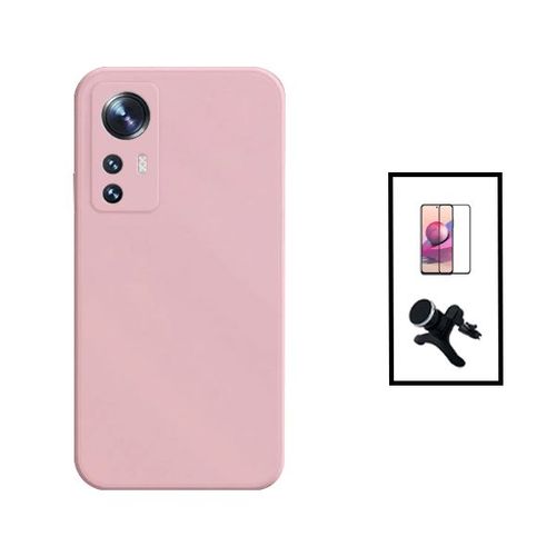 Kit Film Verre Trempé 5d Full Cover + Coque Silicone Liquide + Support Magnétique De Voiture Renforcé Pour Xiaomi 12t - Rose