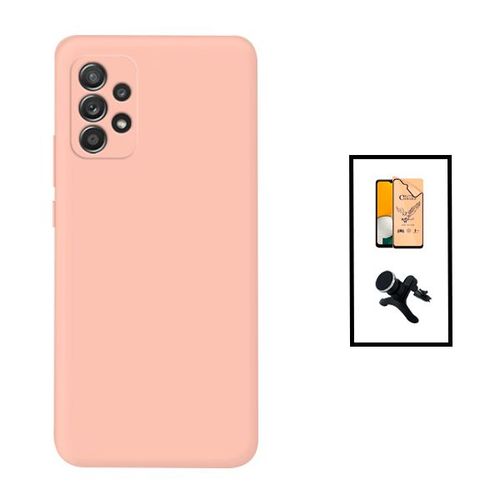 Kit Verre Trempé Ceramicglass Full Cover + Coque Silicone Liquide + Support Magnétique De Voiture Renforcé Pour Samsung Galaxy A23 5g - Rose