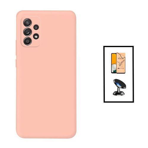 Kit Verre Trempé Ceramicglass Full Cover + Coque Silicone Liquide + Support Magnétique De Voiture Pour Samsung Galaxy A23 5g - Rose