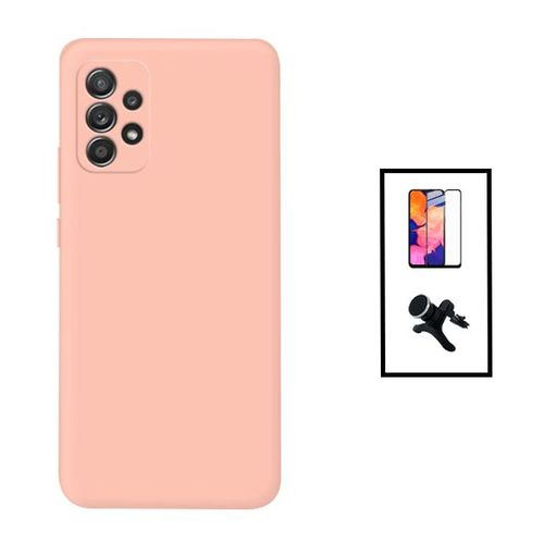 Kit Film Verre Trempé 5d Full Cover + Coque Silicone Liquide + Support Magnétique De Voiture Renforcé Pour Samsung Galaxy A23 5g - Rose