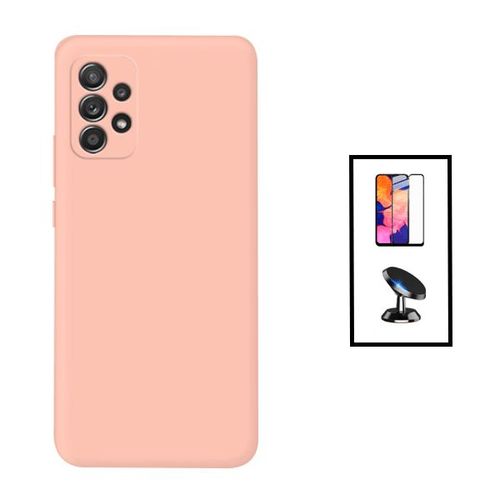 Kit Film Verre Trempé 5d Full Cover + Coque Silicone Liquide + Support Magnétique De Voiture Pour Samsung Galaxy A23 5g - Rose