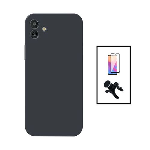 Kit Film Verre Trempé 5d Full Cover + Coque Silicone Liquide + Support Magnétique De Voiture Renforcé Pour Samsung Galaxy A04 - Noir