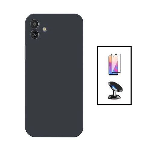 Kit Film Verre Trempé 5d Full Cover + Coque Silicone Liquide + Support Magnétique De Voiture Pour Samsung Galaxy A04 - Noir