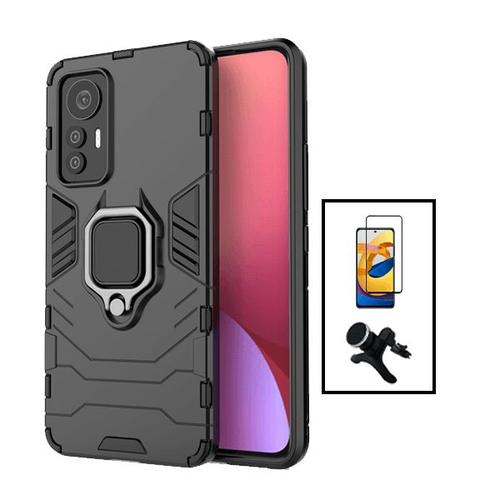 Kit Film Verre Trempé 5d Full Cover + Coque 3x1 Military Defender + Support Magnétique De Voiture Renforcé Pour Xiaomi 12 Lite - Noir