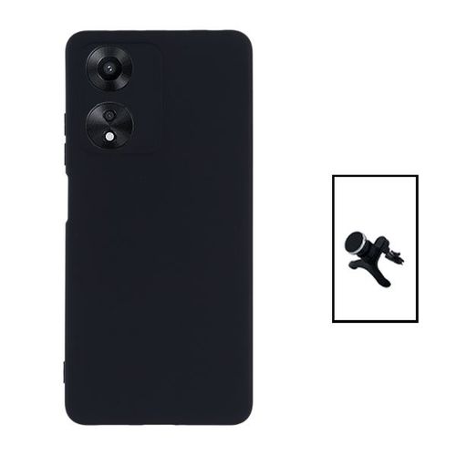 Kit Support Magnétique Renforcé De Voiture + Coque Silicone Liquide Pour Oppo A17 - Noir