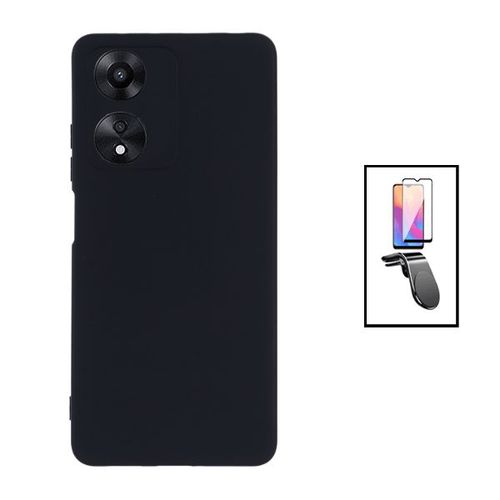 Kit Film Verre Trempé 5d Full Cover + Coque Silicone Liquide + Support Magnétique L Safe Driving Voiture Pour Oppo A17 - Noir