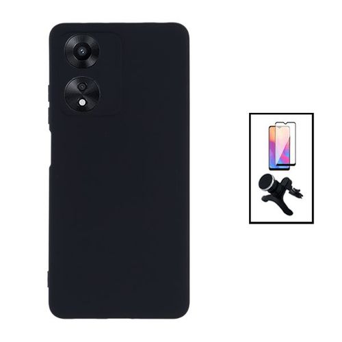 Kit Film Verre Trempé 5d Full Cover + Coque Silicone Liquide + Support Magnétique De Voiture Renforcé Pour Oppo A17 - Noir