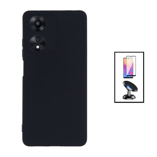 Kit Film Verre Trempé 5d Full Cover + Coque Silicone Liquide + Support Magnétique De Voiture Pour Oppo A17 - Noir