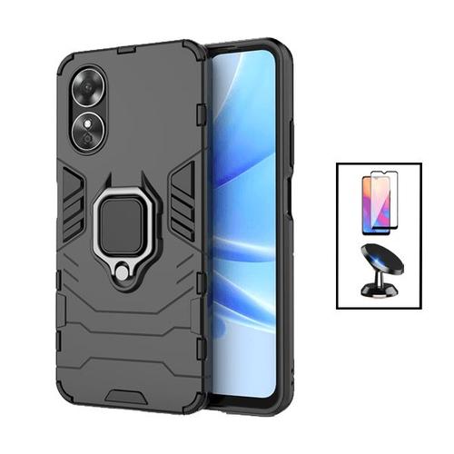 Kit Film Verre Trempé 5d Full Cover + Coque 3x1 Military Defender + Support Magnétique De Voiture Pour Oppo A17 - Noir