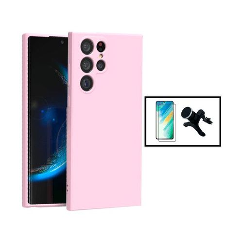 Kit Film Verre Trempé 5d Full Cover + Coque Silicone Liquide + Support Magnétique De Voiture Renforcé Pour Samsung Galaxy S23 Ultra - Rose
