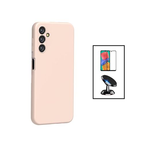 Kit Film Verre Trempé 5d Full Cover + Coque Silicone Liquide + Support Magnétique De Voiture Pour Samsung Galaxy A14 5g - Rose