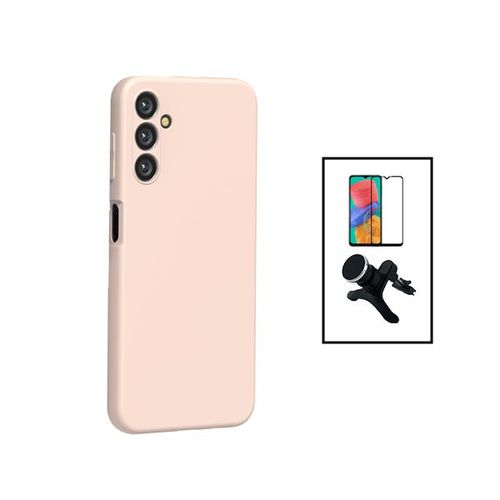 Kit Film Verre Trempé 5d Full Cover + Coque Silicone Liquide + Support Magnétique De Voiture Renforcé Pour Samsung Galaxy A14 5g - Rose
