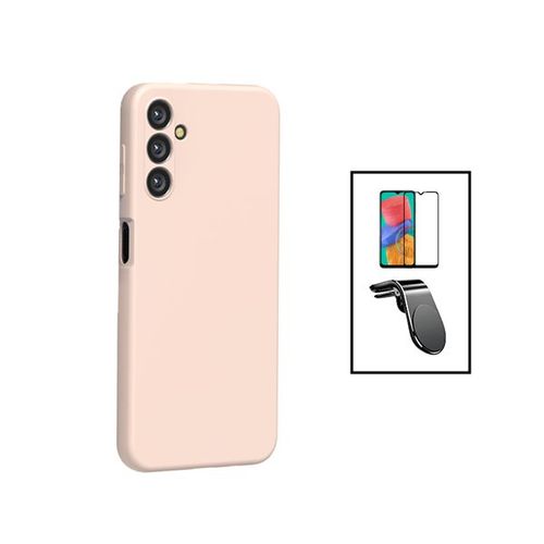 Kit Film Verre Trempé 5d Full Cover + Coque Silicone Liquide + Support Magnétique L Safe Driving Voiture Pour Samsung Galaxy A14 5g - Rose
